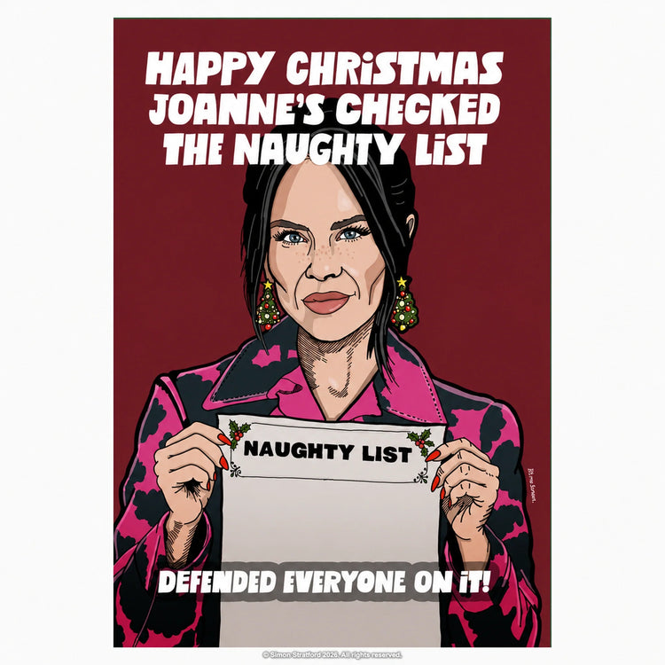 Joanne McNally Christmas card holding a naughty list: Joanne’s checked the naughty list. Defended everyone on it.