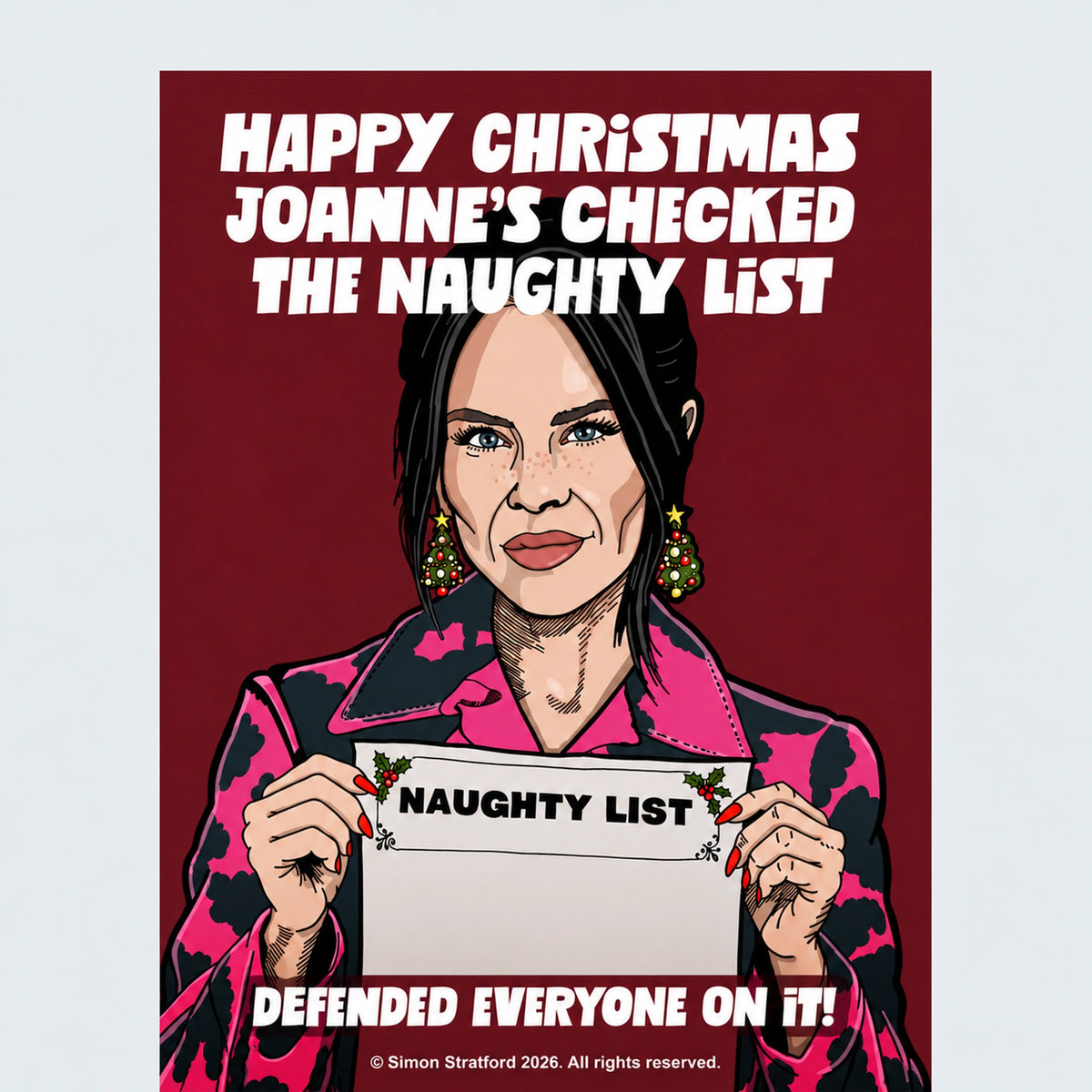Close-up of Joanne McNally Celebrity Traitors Season Two Christmas card holding a naughty list: Joanne’s checked the naughty list. Defended everyone on it.