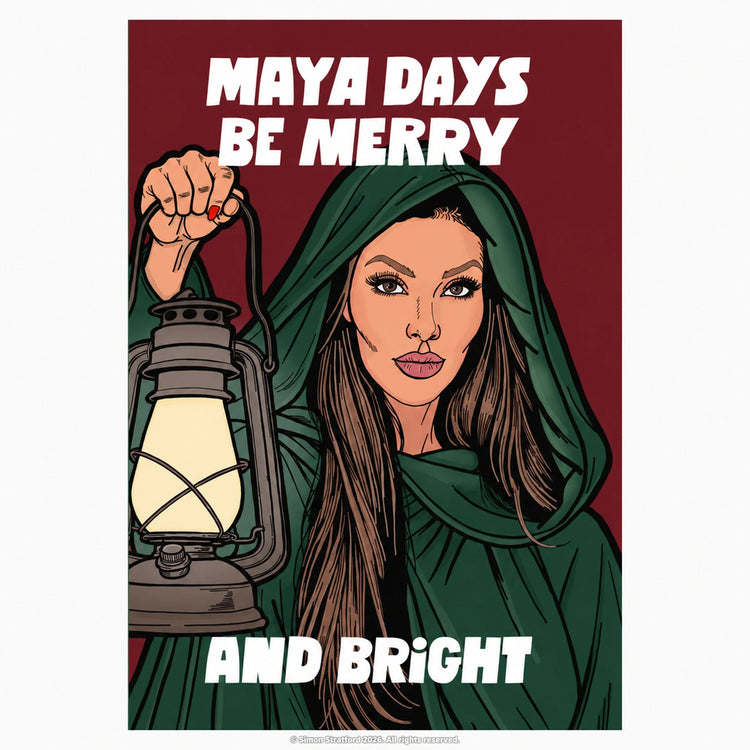 Maya Jama Christmas card showing her in a green cloak holding a lantern: Maya days be merry and bright.