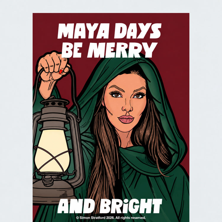 Close-up of Maya Jama Celebrity Traitors Season Two Christmas card showing her in a green cloak holding a lantern: Maya days be merry and bright.