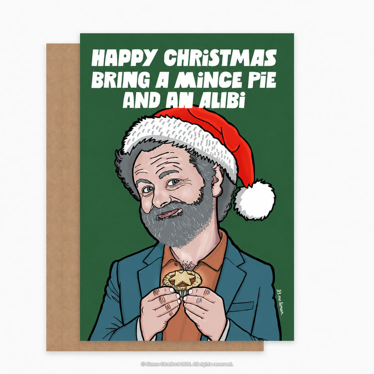 Michael Sheen in a Santa hat holding a mince pie: Happy Christmas. Bring a mince pie and an alibi. Shown with a brown kraft envelope peeking out to the left on a light grey background.
