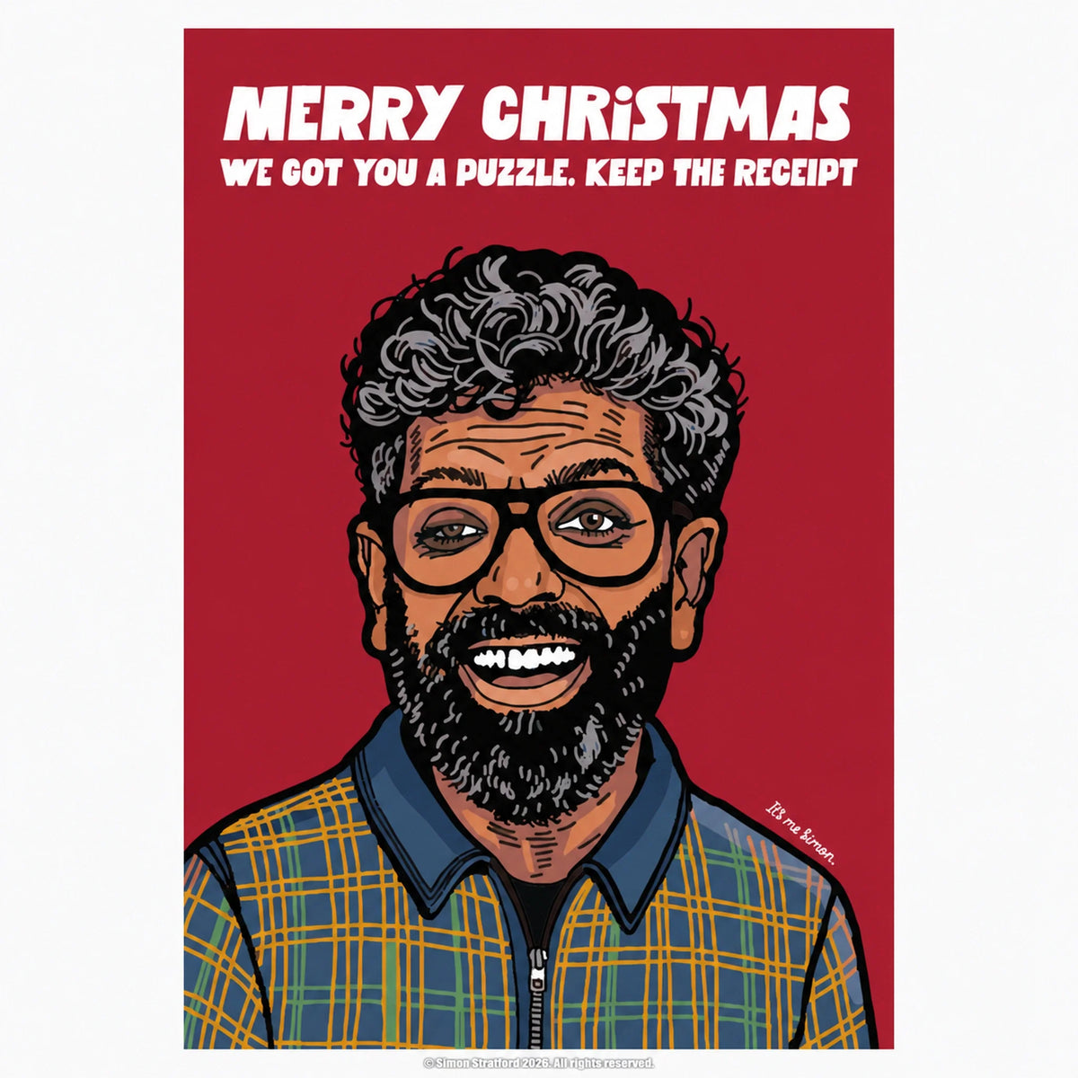 Romesh Ranganathan Christmas card: Merry Christmas. We got you a puzzle. Keep the receipt.