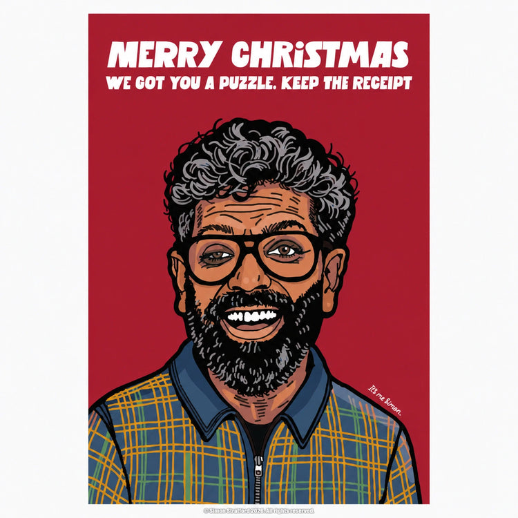 Romesh Ranganathan Christmas card: Merry Christmas. We got you a puzzle. Keep the receipt.