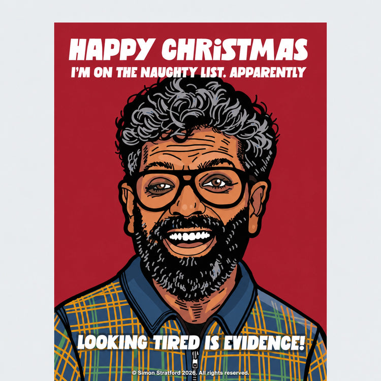Close-up of Romesh Ranganathan Celebrity Traitors Season Two Christmas card with a red background: I’m on the naughty list. Apparently, looking tired is evidence.