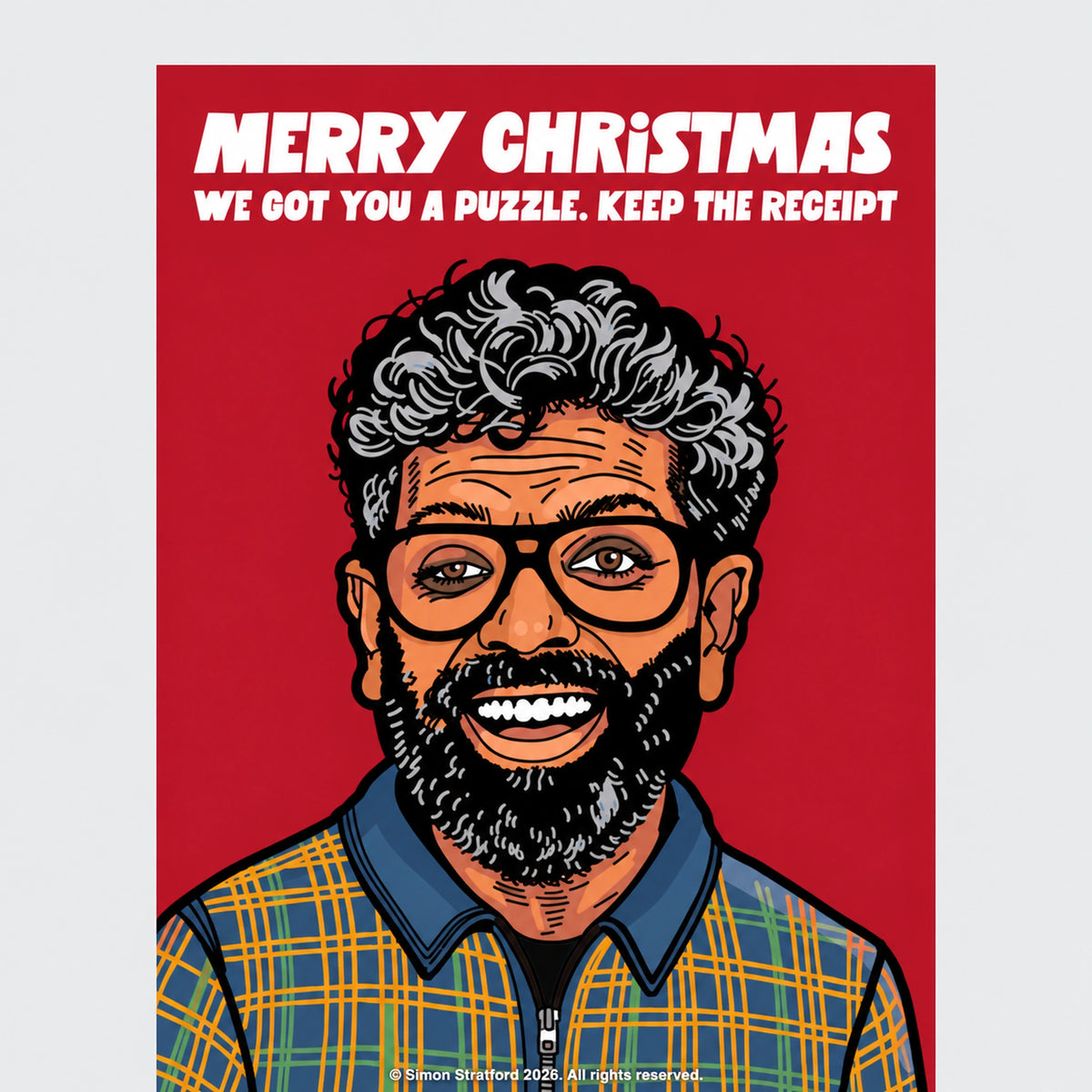 Close-up of Romesh Ranganathan Celebrity Traitors Season Two Christmas card: Merry Christmas. We got you a puzzle. Keep the receipt.