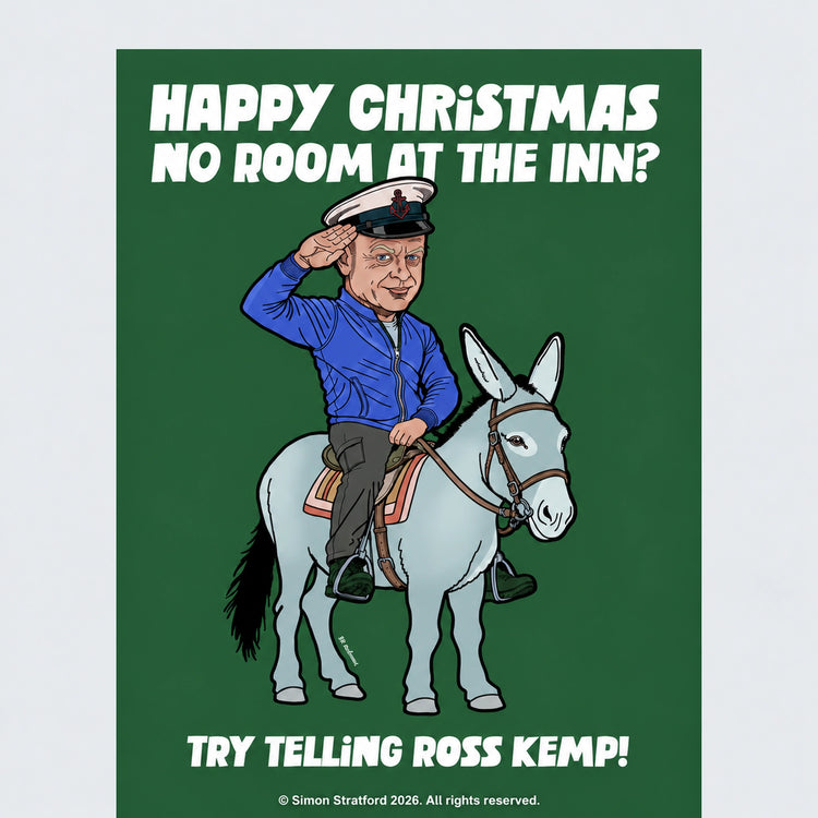Close-up of Ross Kemp Celebrity Traitors Season Two Christmas card showing him saluting on a donkey: No room at the inn? Try telling Ross Kemp.