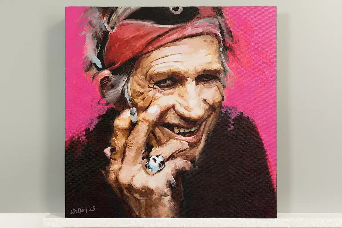 A square canvas painting of Keith Richards