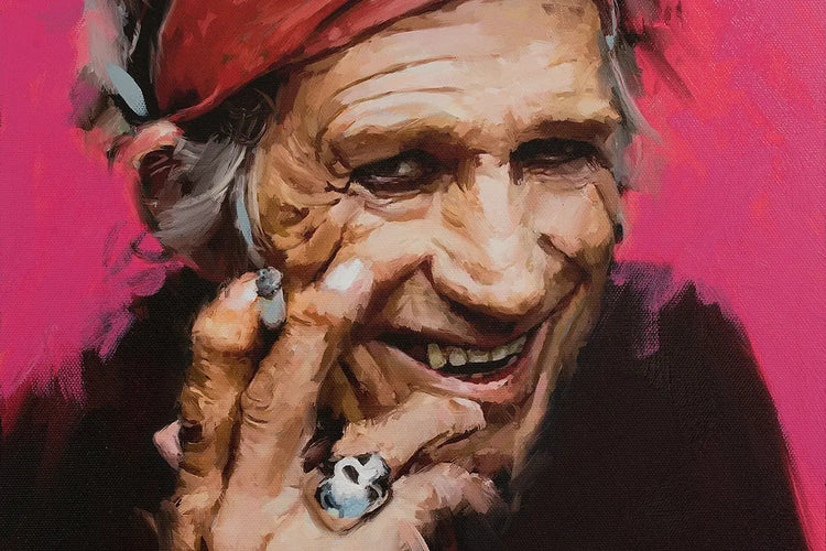 Keith Richards painting mounted on a 30 × 30 cm wood panel